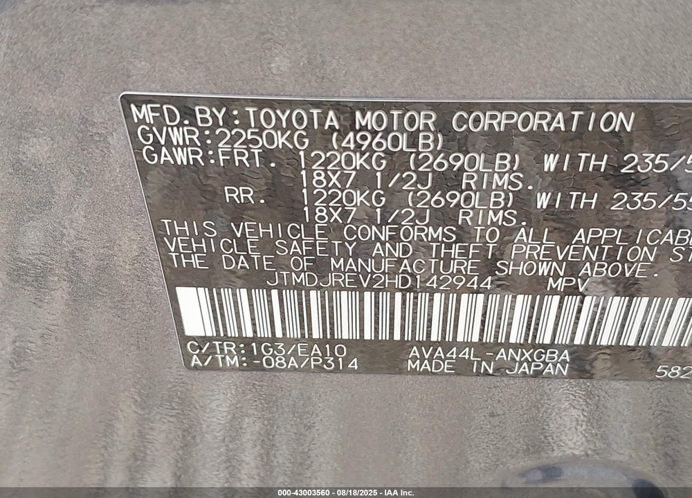 2017 TOYOTA RAV4 HYBRID VIN: JTMDJREV2HD142944
