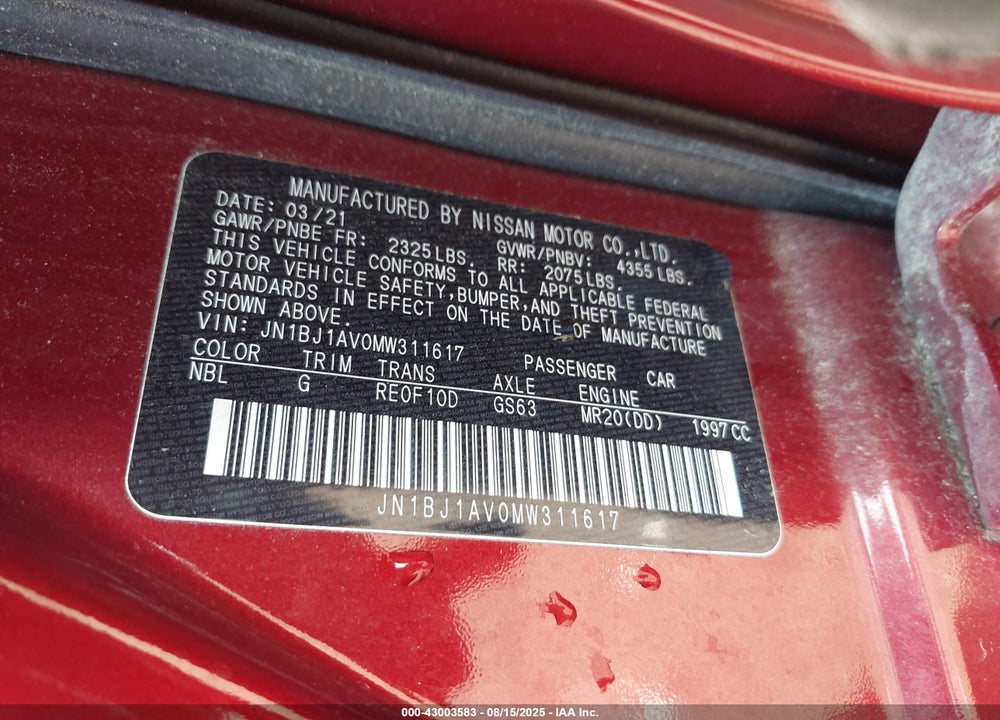 2021 NISSAN ROGUE SPORT VIN: JN1BJ1AV0MW311617