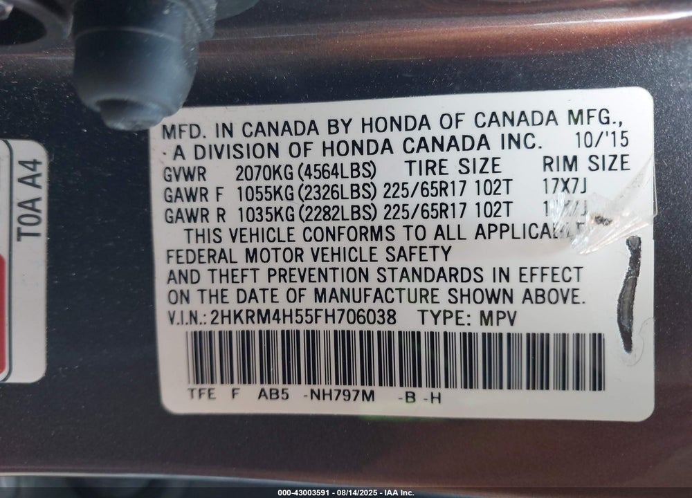 2015 HONDA CR-V VIN: 2HKRM4H55FH706038