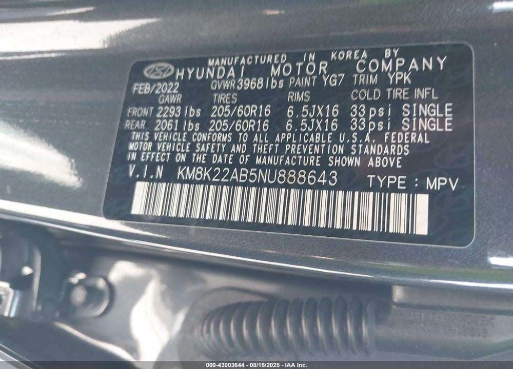 2022 HYUNDAI KONA VIN: KM8K22AB5NU888643