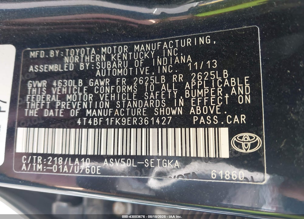 2014 TOYOTA CAMRY VIN: 4T4BF1FK9ER361427