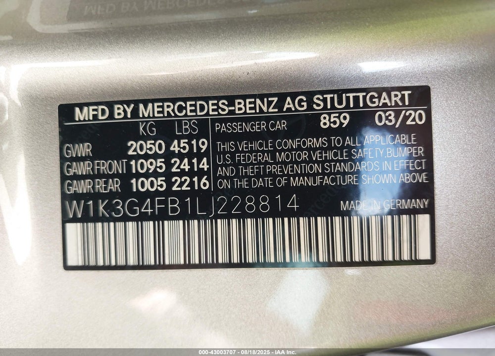 2020 MERCEDES-BENZ A-CLASS VIN: W1K3G4FB1LJ228814