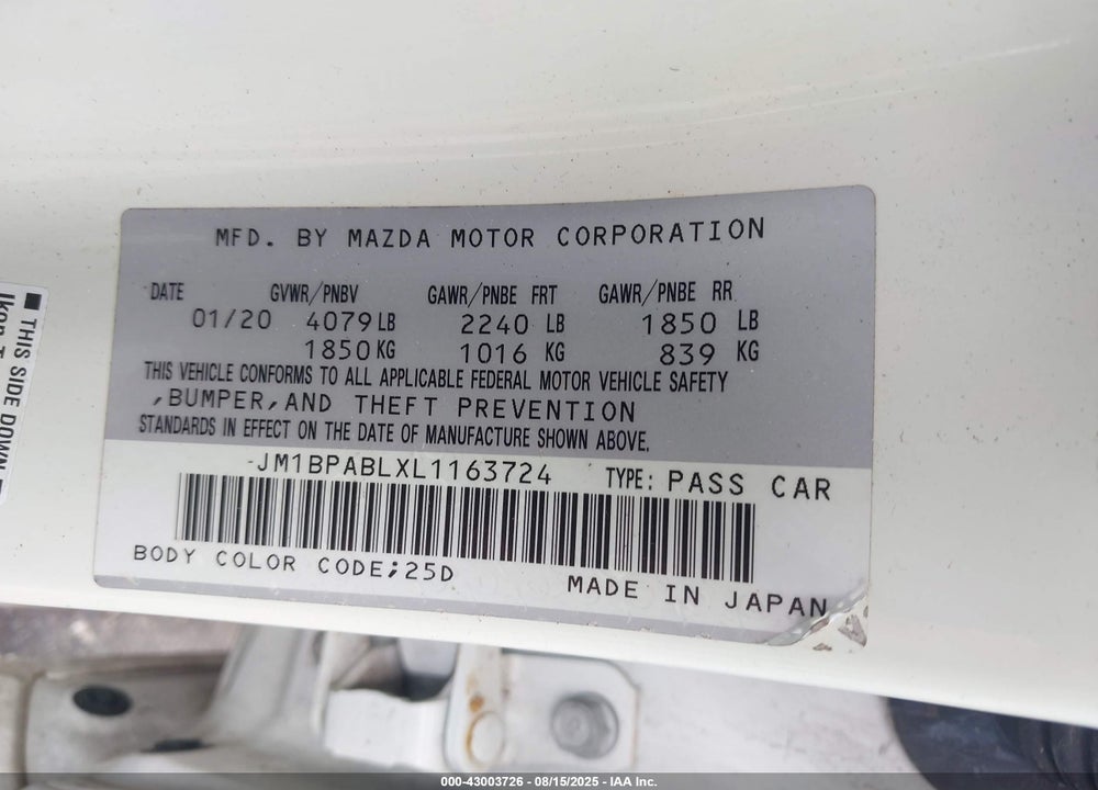2020 MAZDA 3 VIN: JM1BPABLXL1163724