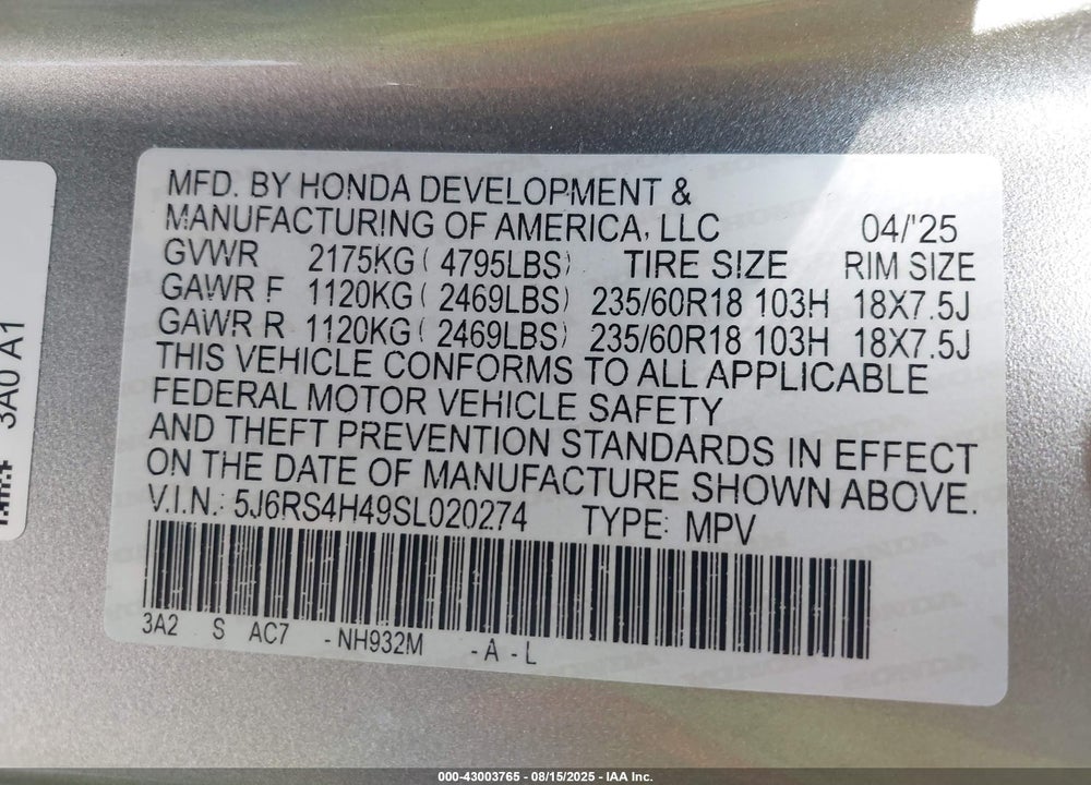 2025 HONDA CR-V EX AWD VIN: 5J6RS4H49SL020274