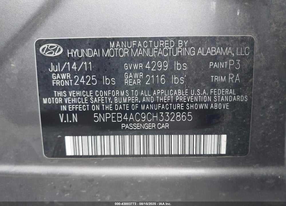 2012 HYUNDAI SONATA VIN: 5NPEB4AC9CH332865