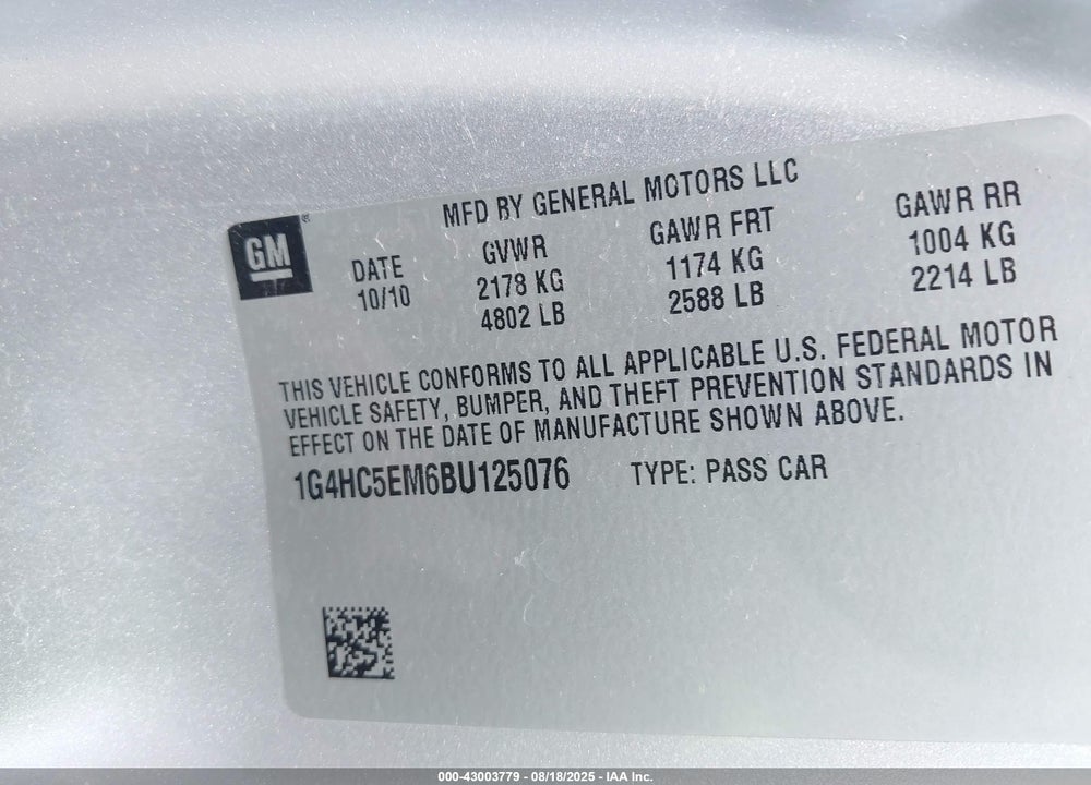 2011 BUICK LUCERNE VIN: 1G4HC5EM6BU125076