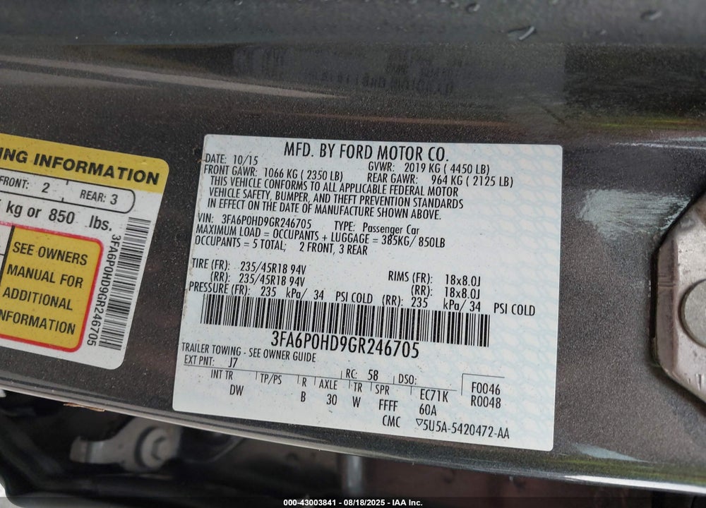 2016 FORD FUSION VIN: 3FA6P0HD9GR246705