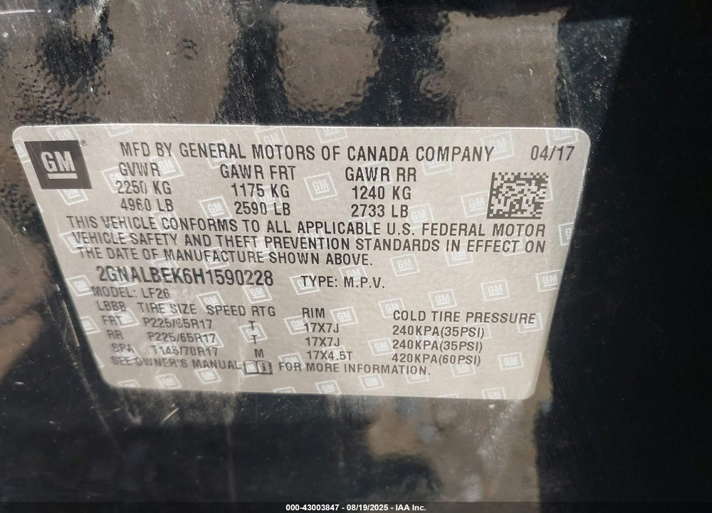 2017 CHEVROLET EQUINOX VIN: 2GNALBEK6H1590228