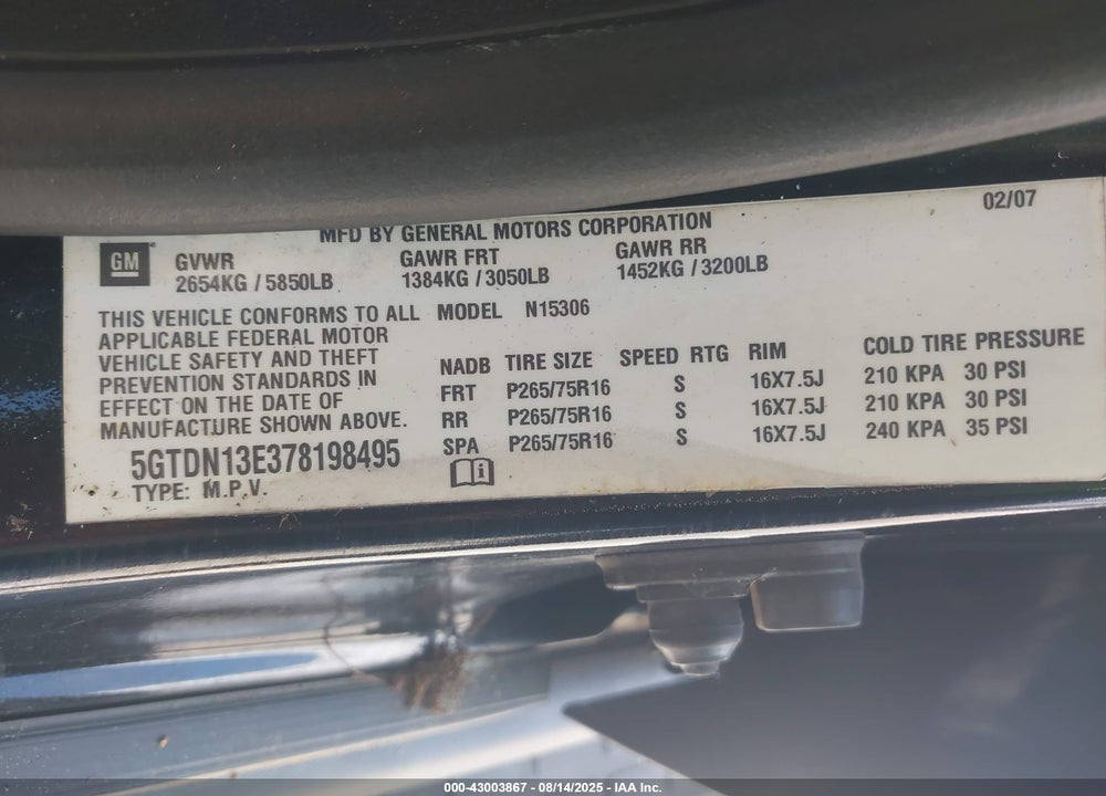2007 HUMMER H3 VIN: 5GTDN13E378198495