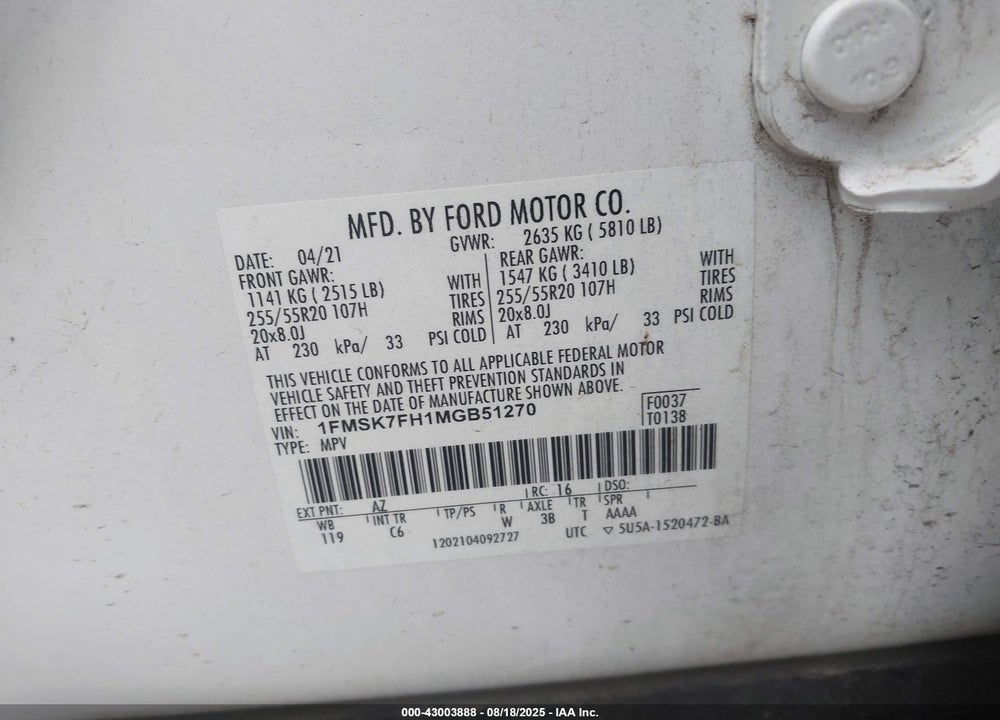 2021 FORD EXPLORER VIN: 1FMSK7FH1MGB51270