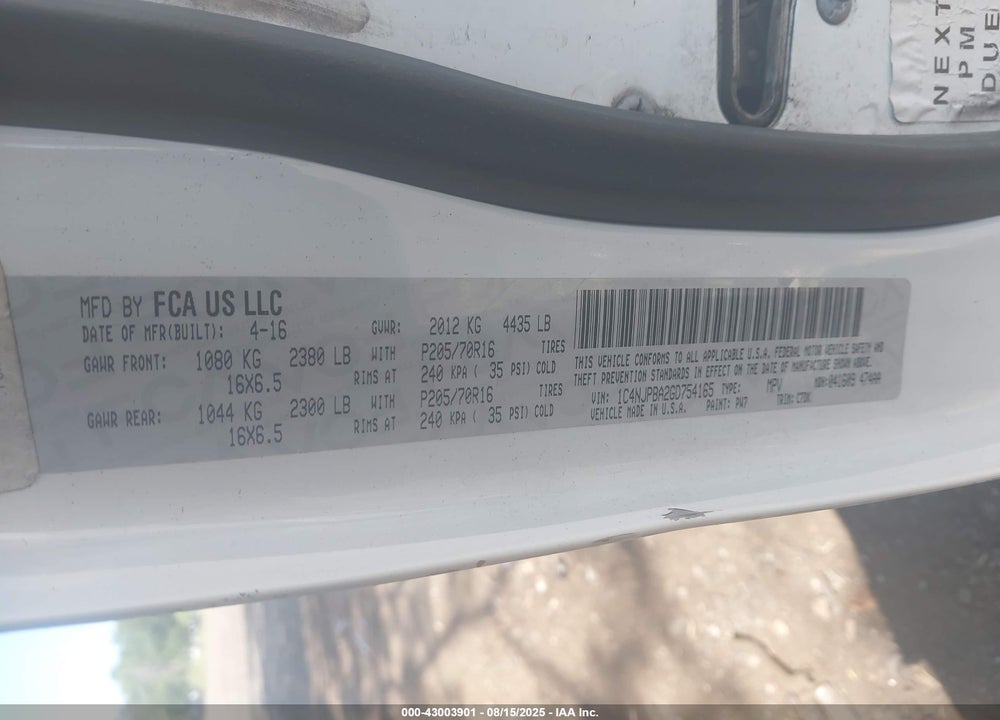 2016 JEEP PATRIOT VIN: 1C4NJPBA2GD754165
