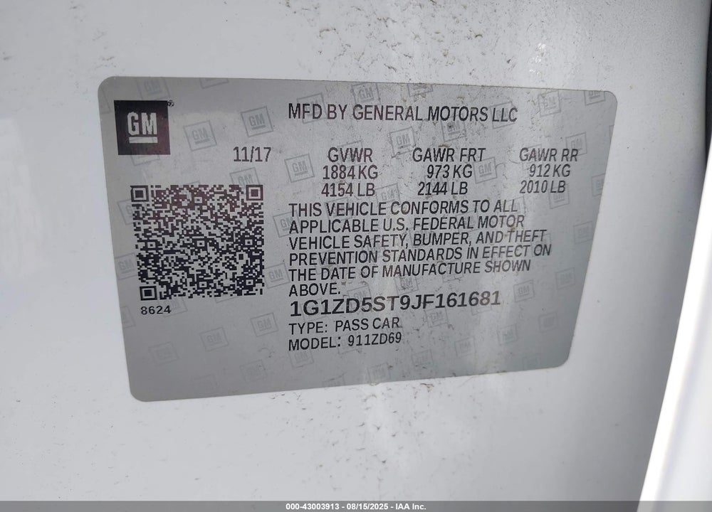 2018 CHEVROLET MALIBU VIN: 1G1ZD5ST9JF161681