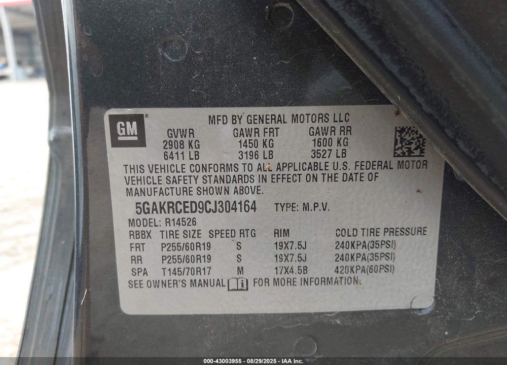 2012 BUICK ENCLAVE VIN: 5GAKRCED9CJ304164