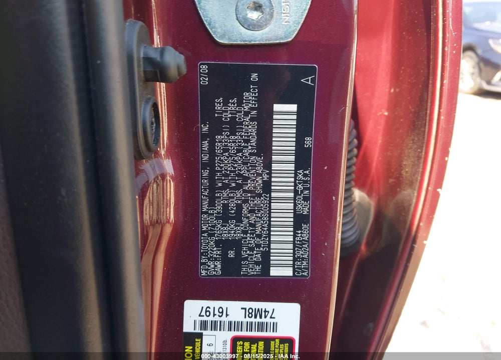 2008 TOYOTA SEQUOIA VIN: 5TDZY64A58S005922