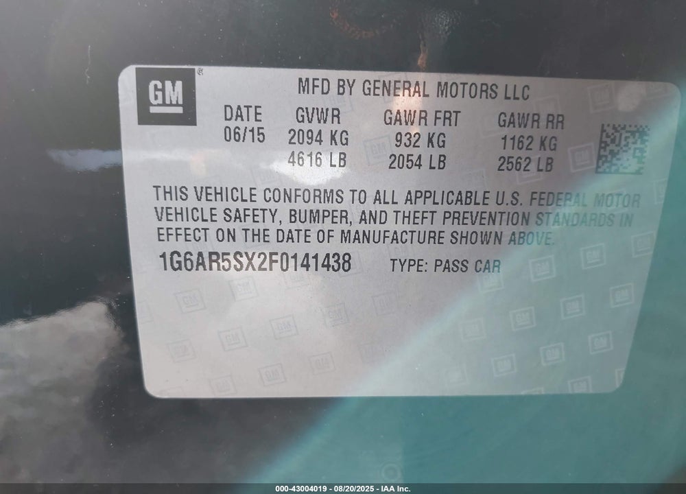 2015 CADILLAC CTS VIN: 1G6AR5SX2F0141438