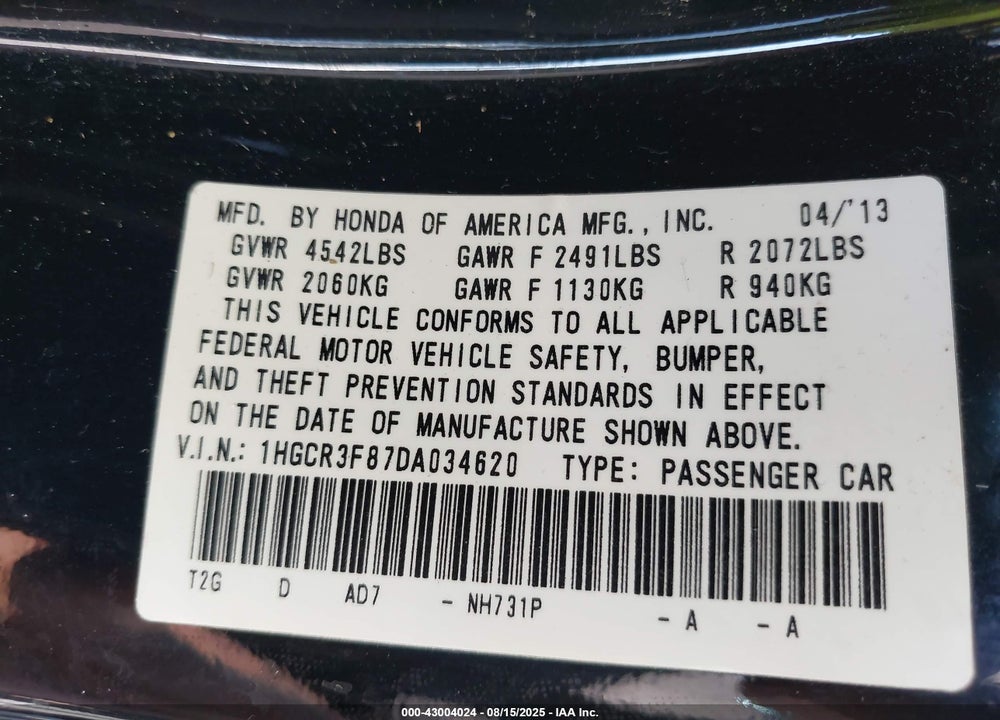 2013 HONDA ACCORD EX-L V-6 VIN: 1HGCR3F87DA034620