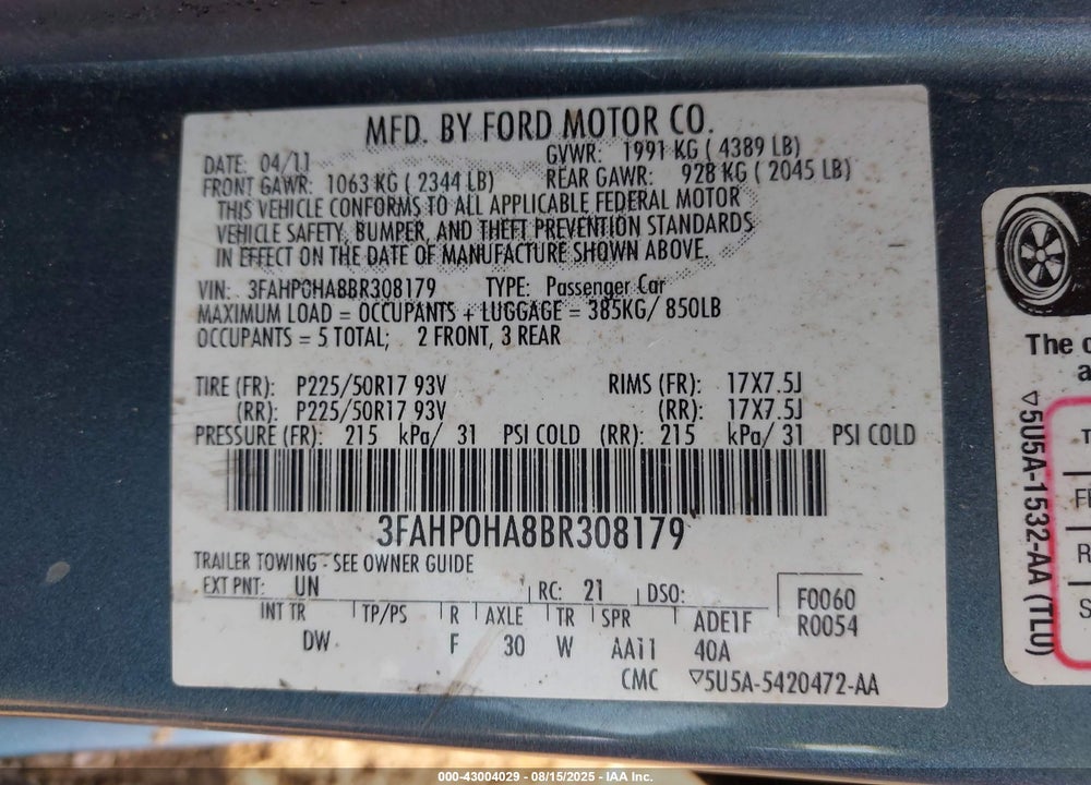 2011 FORD FUSION VIN: 3FAHP0HA8BR308179