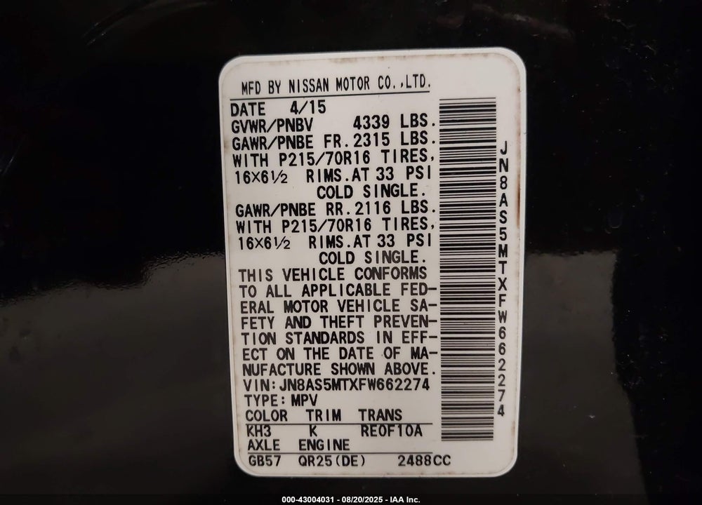 2015 NISSAN ROGUE VIN: JN8AS5MTXFW662274