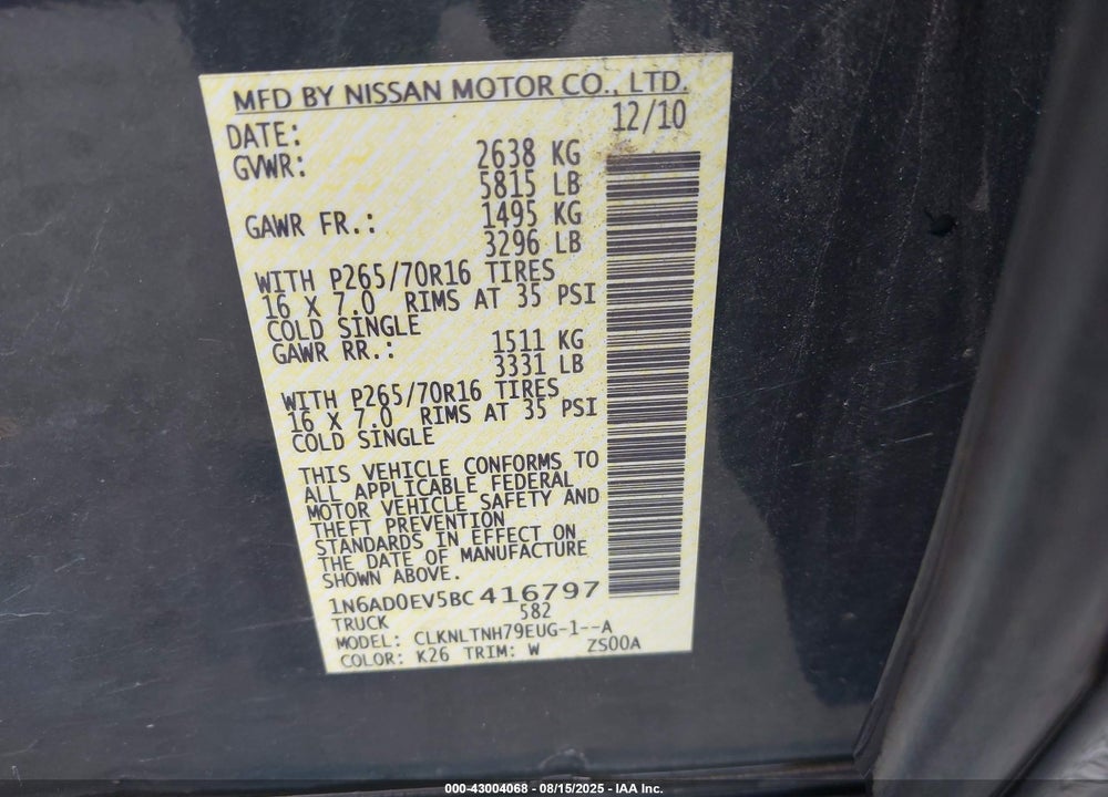 2011 NISSAN FRONTIER SV VIN: 1N6AD0EV5BC416797