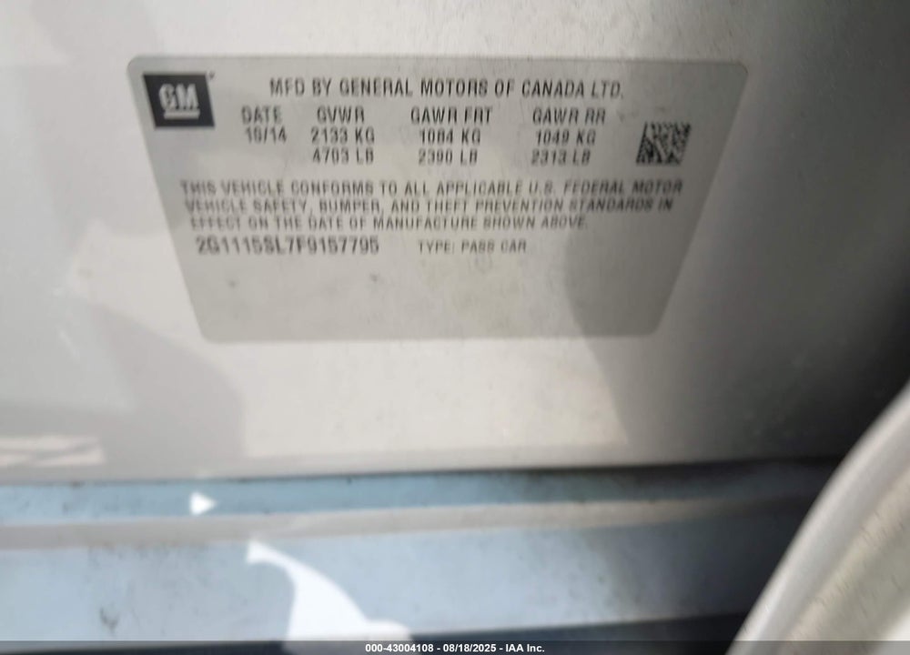2015 CHEVROLET IMPALA VIN: 2G1115SL7F9157795
