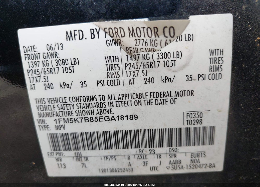 2014 FORD EXPLORER VIN: 1FM5K7B85EGA18189