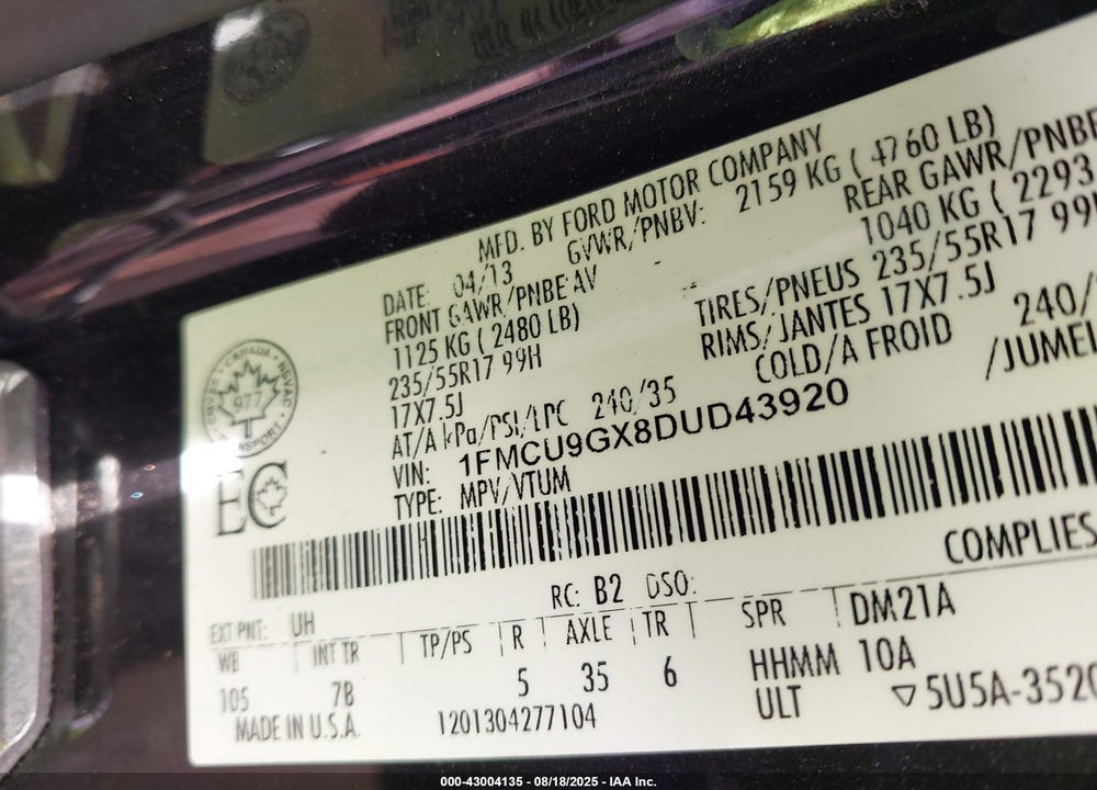 2013 FORD ESCAPE VIN: 1FMCU9GX8DUD43920