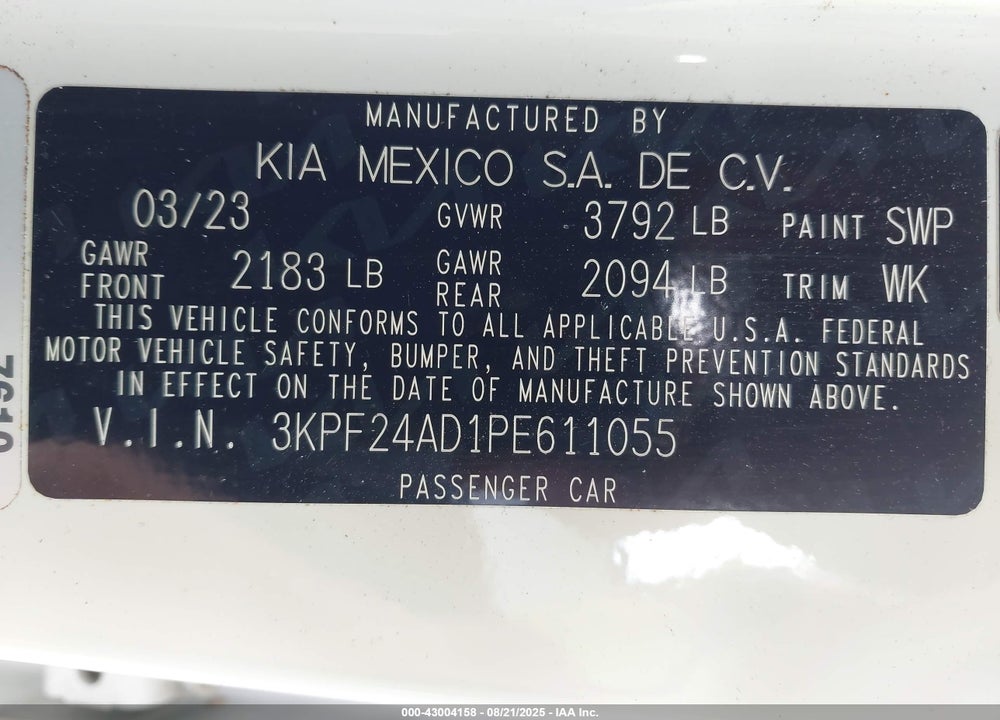 2023 KIA FORTE LXS VIN: 3KPF24AD1PE611055