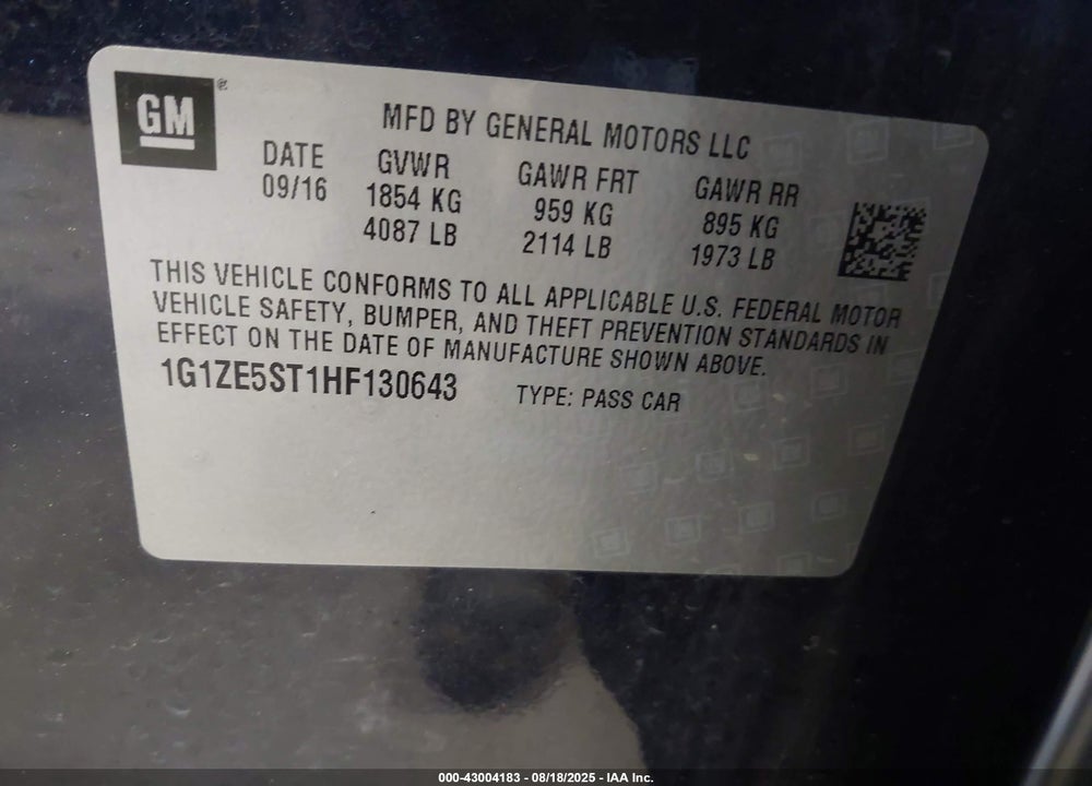 2017 CHEVROLET MALIBU VIN: 1G1ZE5ST1HF130643