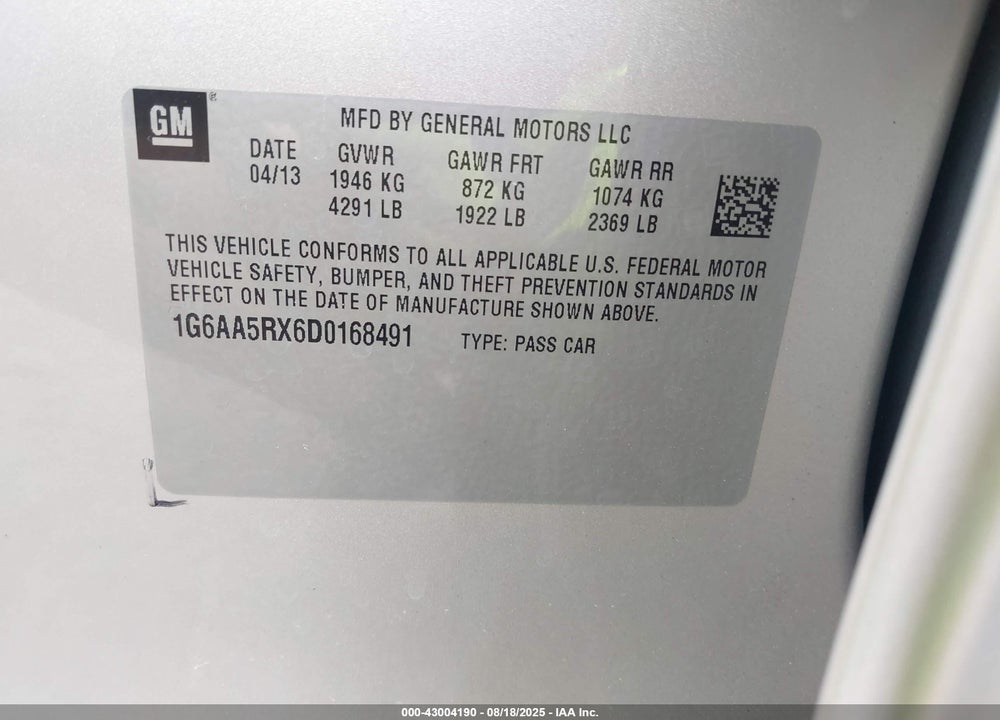 2013 CADILLAC ATS VIN: 1G6AA5RX6D0168491