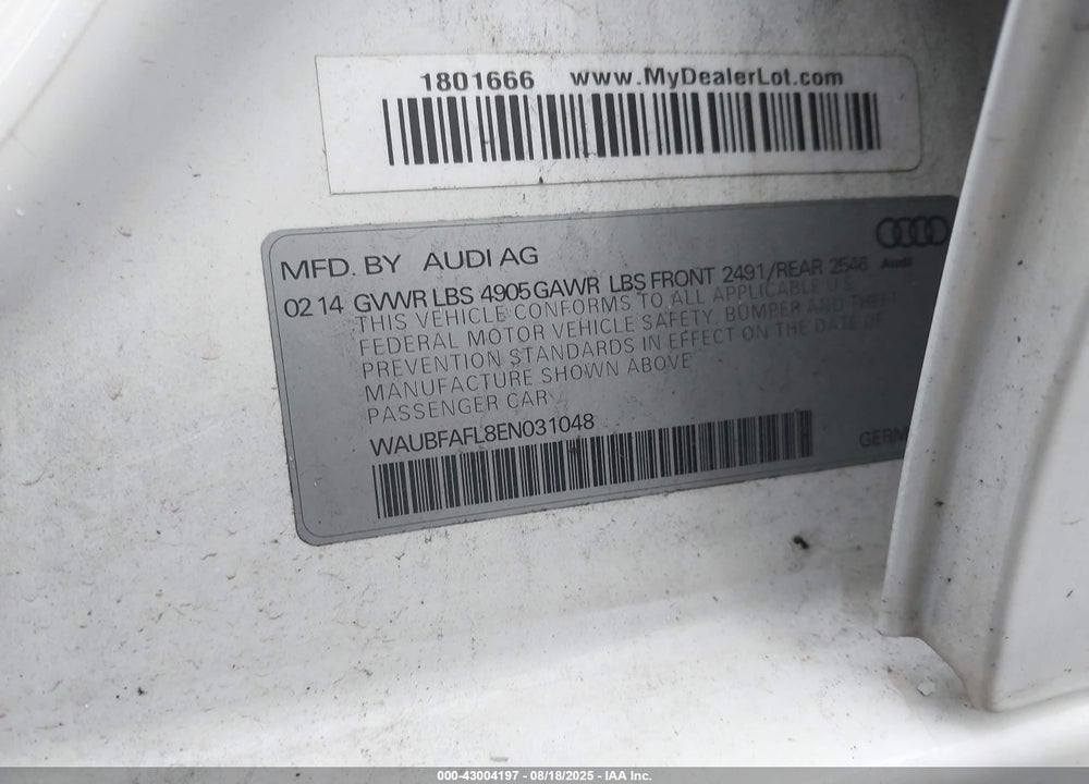 2014 AUDI A4 VIN: WAUBFAFL8EN031048