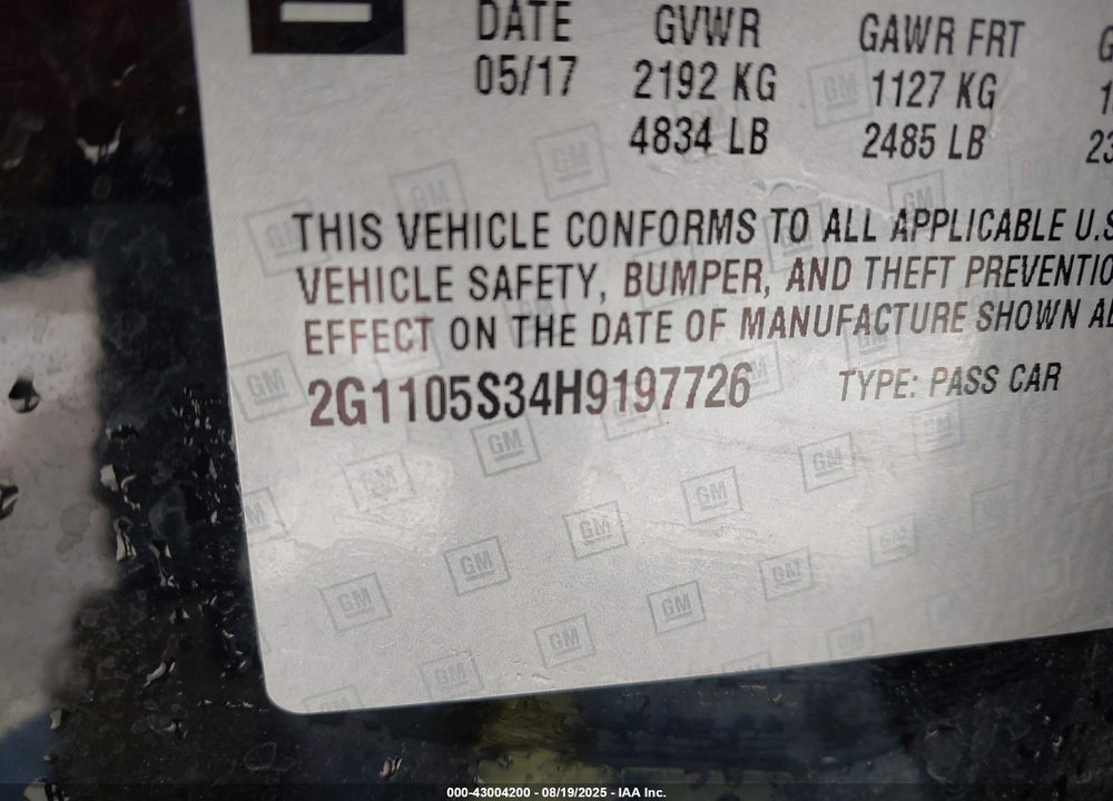 2017 CHEVROLET IMPALA VIN: 2G1105S34H9197726