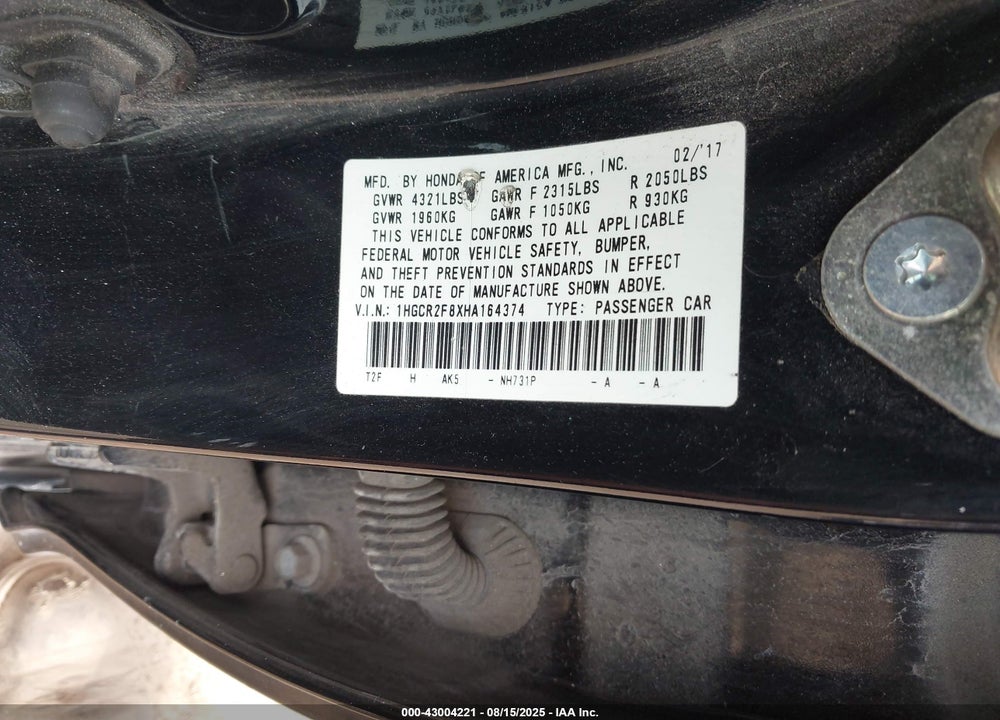 2017 HONDA ACCORD VIN: 1HGCR2F8XHA164374