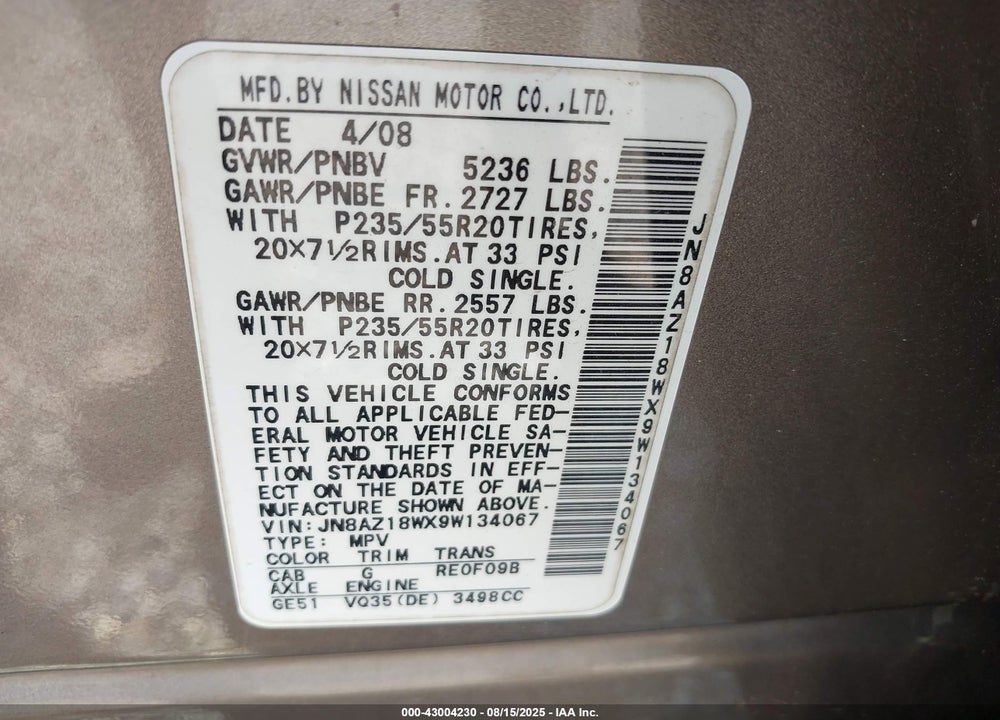 2009 NISSAN MURANO VIN: JN8AZ18WX9W134067