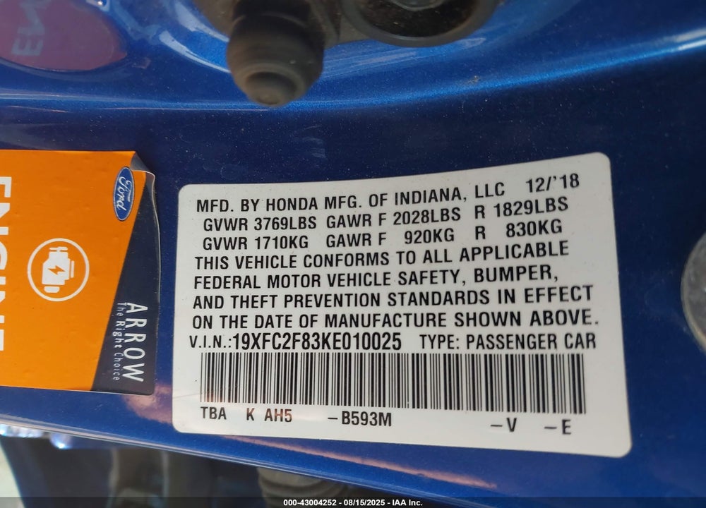 2019 HONDA CIVIC VIN: 19XFC2F83KE010025