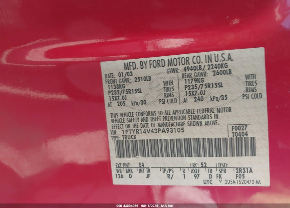 2003 FORD RANGER EDGE/TREMOR/XL/XLT VIN: 1FTYR14V43PA93105