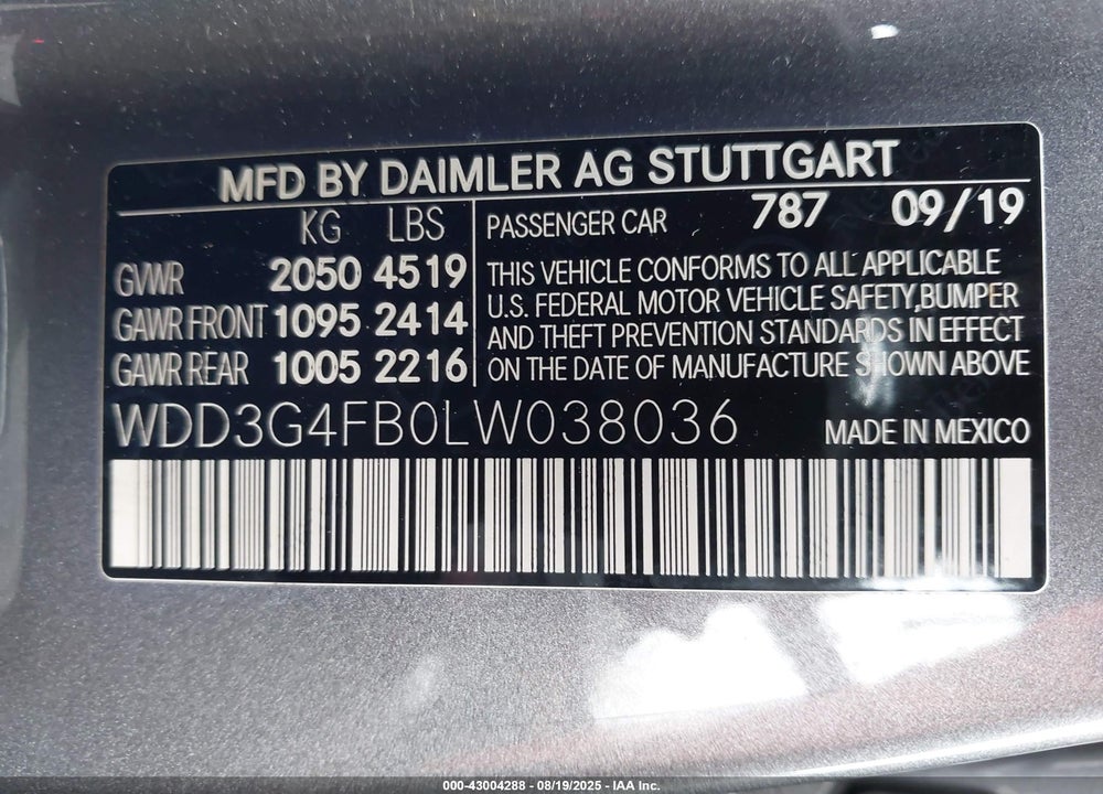 2020 MERCEDES-BENZ A 220 4MATIC VIN: WDD3G4FB0LW038036