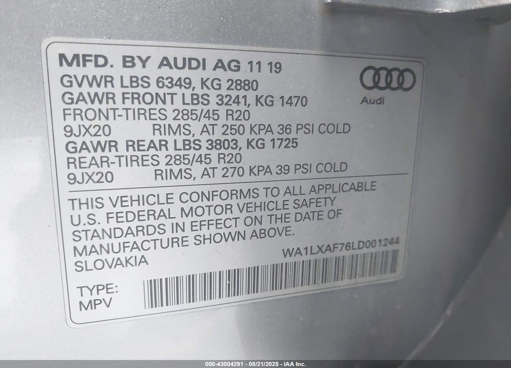 2020 AUDI Q7 VIN: WA1LXAF76LD001244
