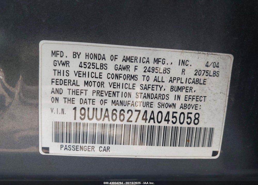 2004 ACURA TL VIN: 19UUA66274A045058