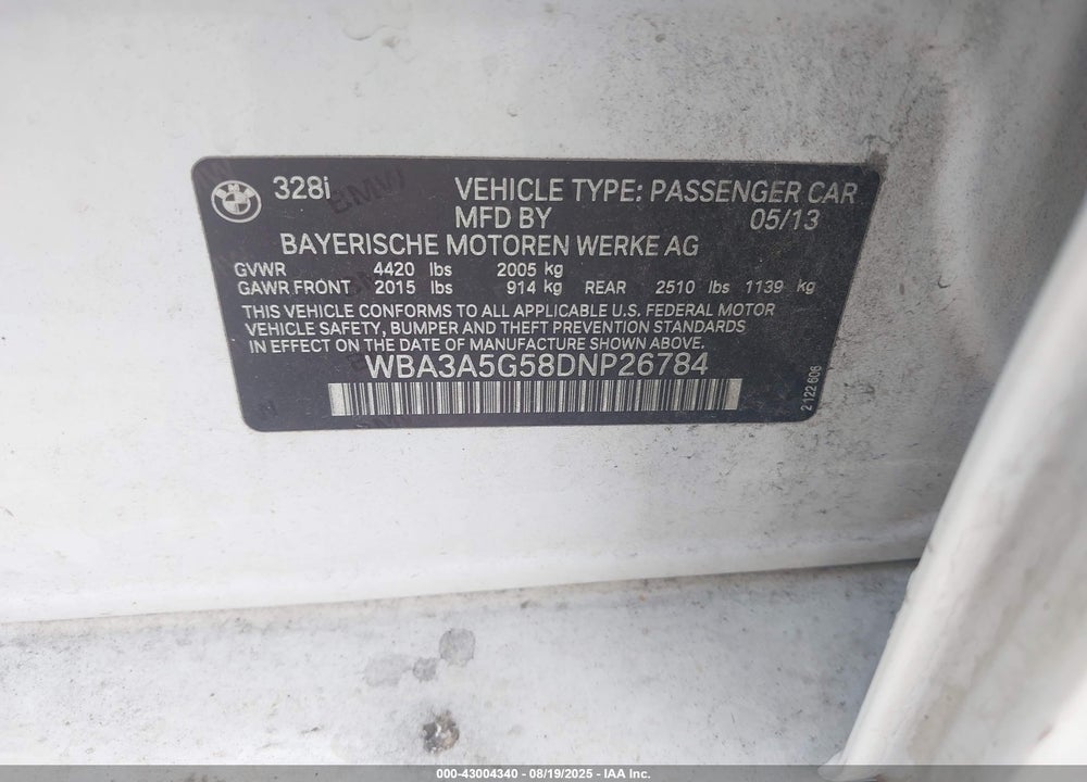 2013 BMW 3 SERIES VIN: WBA3A5G58DNP26784