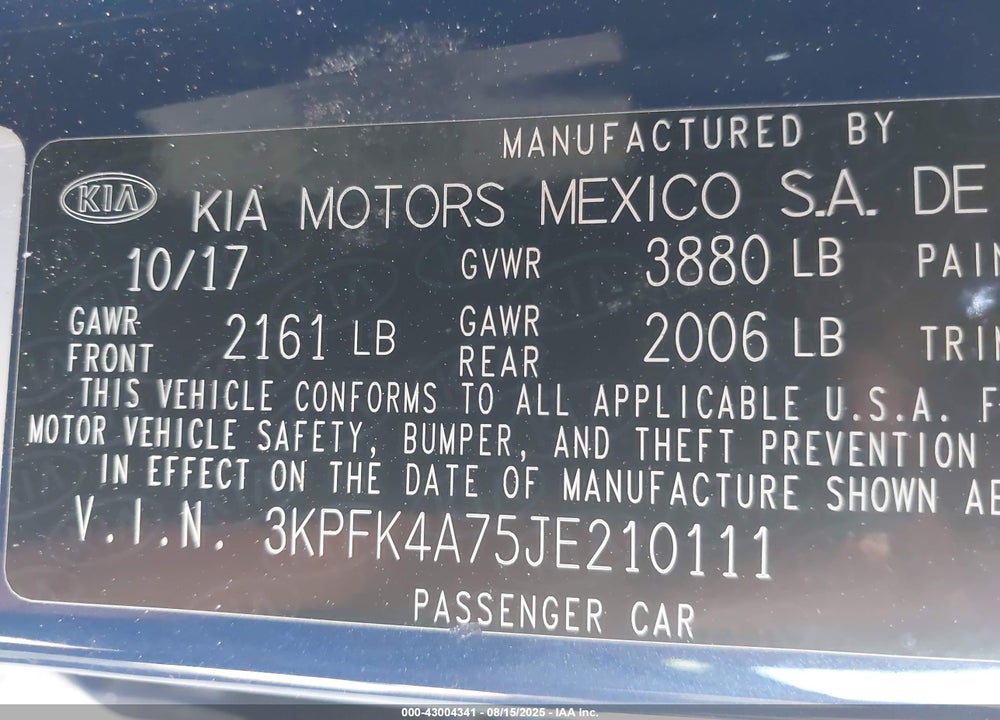2018 KIA FORTE VIN: 3KPFK4A75JE210111