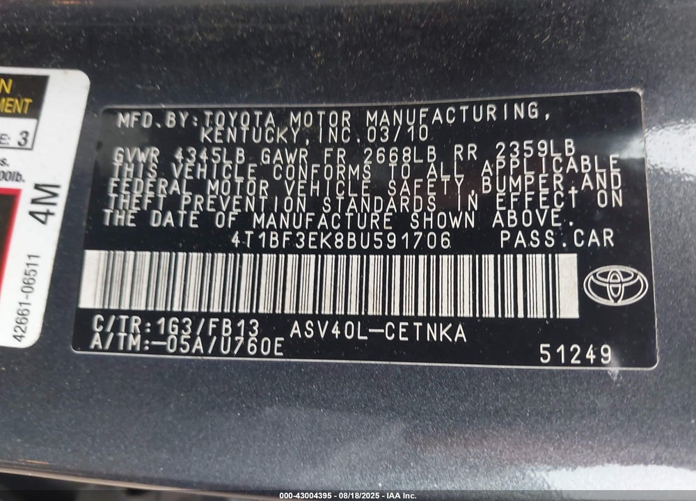 2011 TOYOTA CAMRY VIN: 4T1BF3EK8BU591706