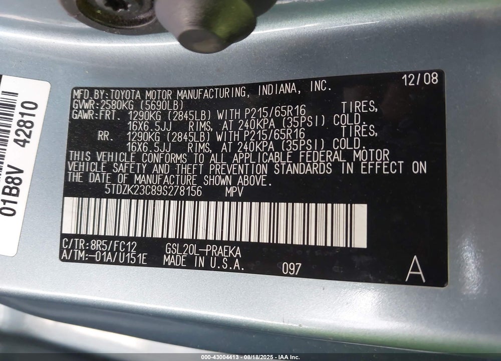 2009 TOYOTA SIENNA LE VIN: 5TDZK23C89S278156