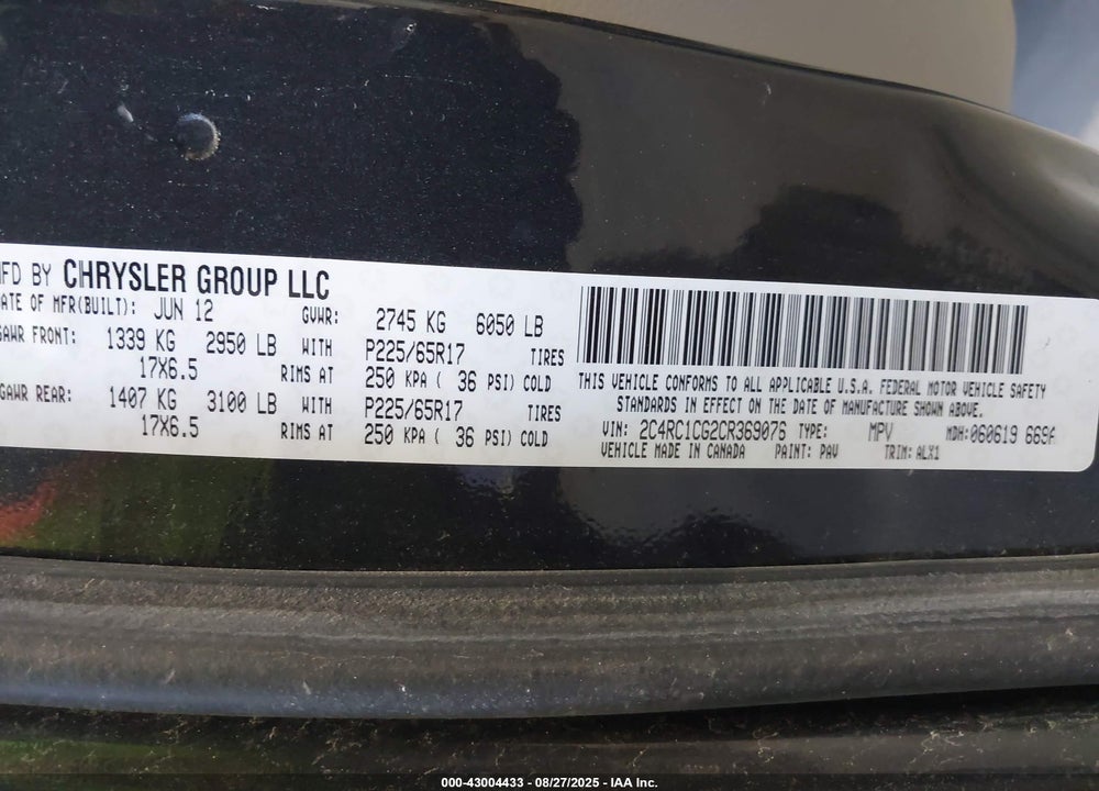 2012 CHRYSLER TOWN & COUNTRY VIN: 2C4RC1CG2CR369076