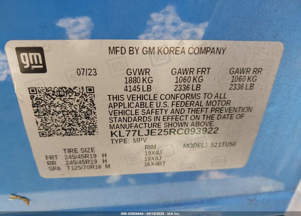 2024 CHEVROLET TRAX VIN: KL77LJE25RC093922