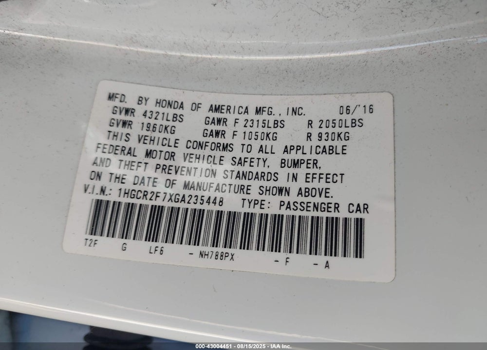 2016 HONDA ACCORD VIN: 1HGCR2F7XGA235448
