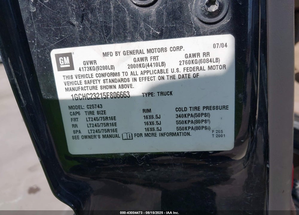 2005 CHEVROLET SILVERADO 2500HD LT VIN: 1GCHC23215F806663