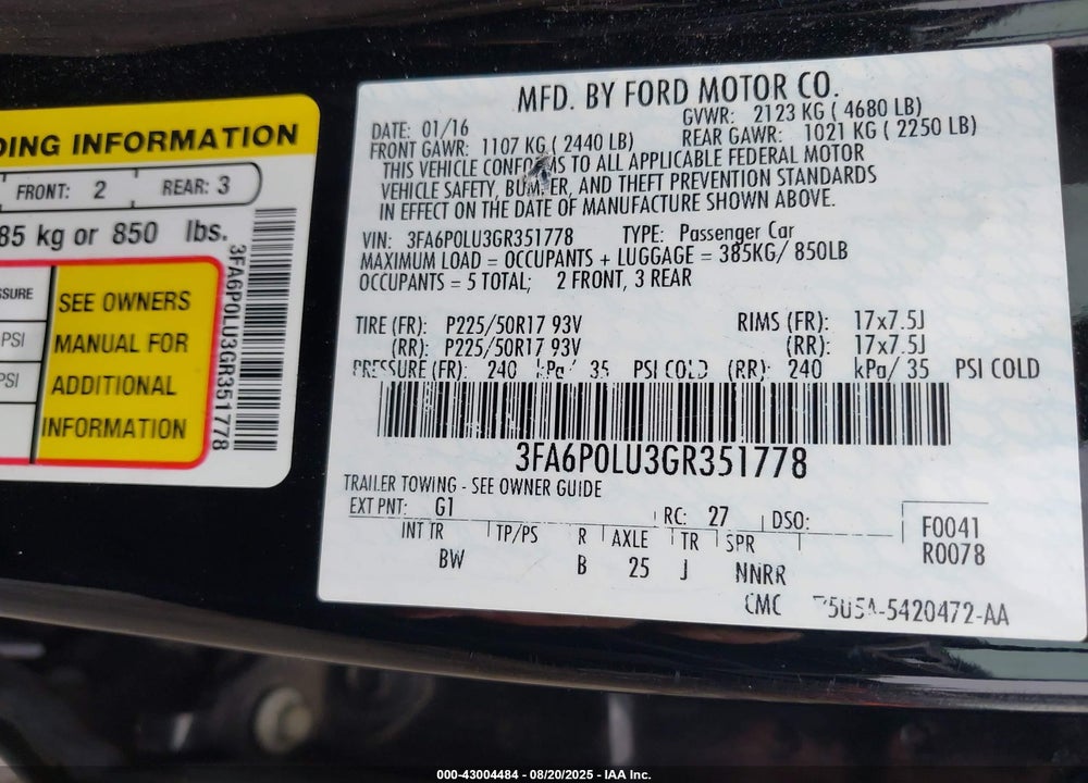 2016 FORD FUSION HYBRID SE VIN: 3FA6P0LU3GR351778