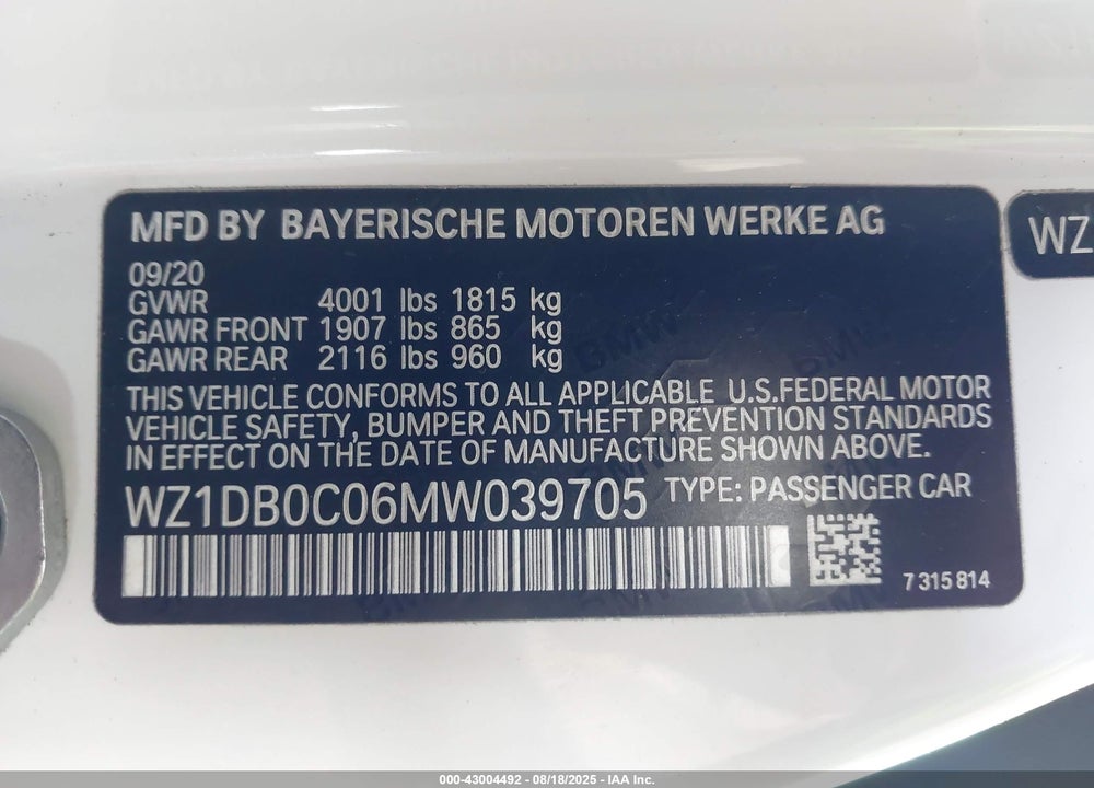 2021 TOYOTA SUPRA VIN: WZ1DB0C06MW039705