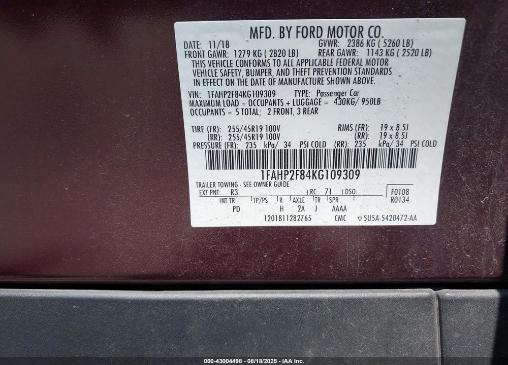 2019 FORD TAURUS VIN: 1FAHP2F84KG109309