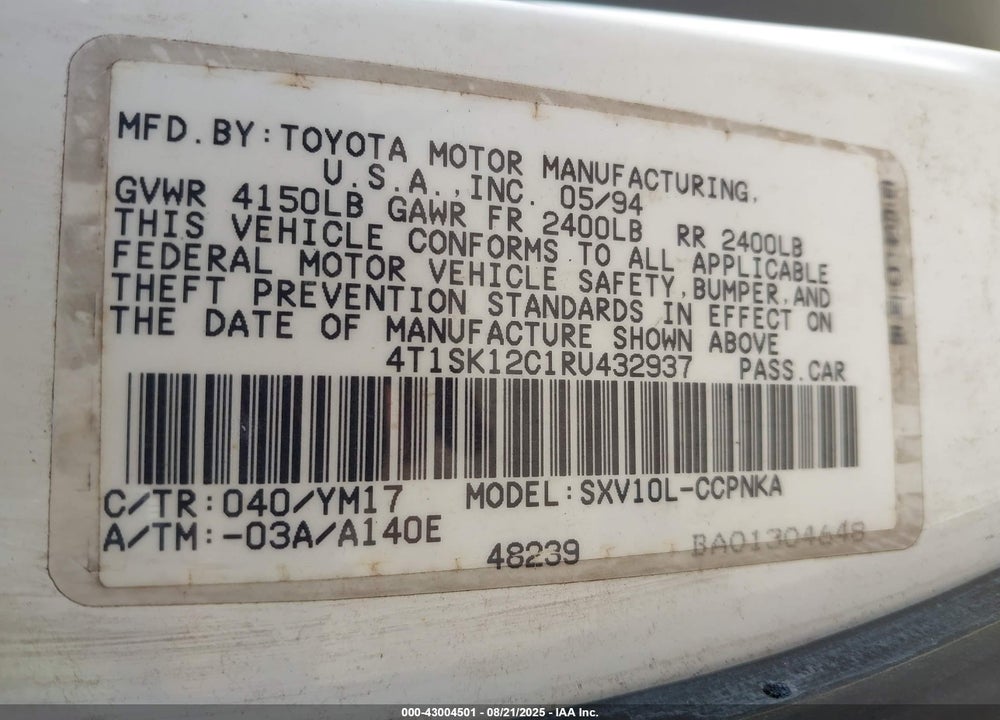 1994 TOYOTA CAMRY LE VIN: 4T1SK12C1RU432937